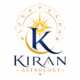 Alt text: Elegant Kiran Astrology logo featuring a golden sun, zodiac symbols, and a stylized blue ‘K’ with celestial accents on a white background.