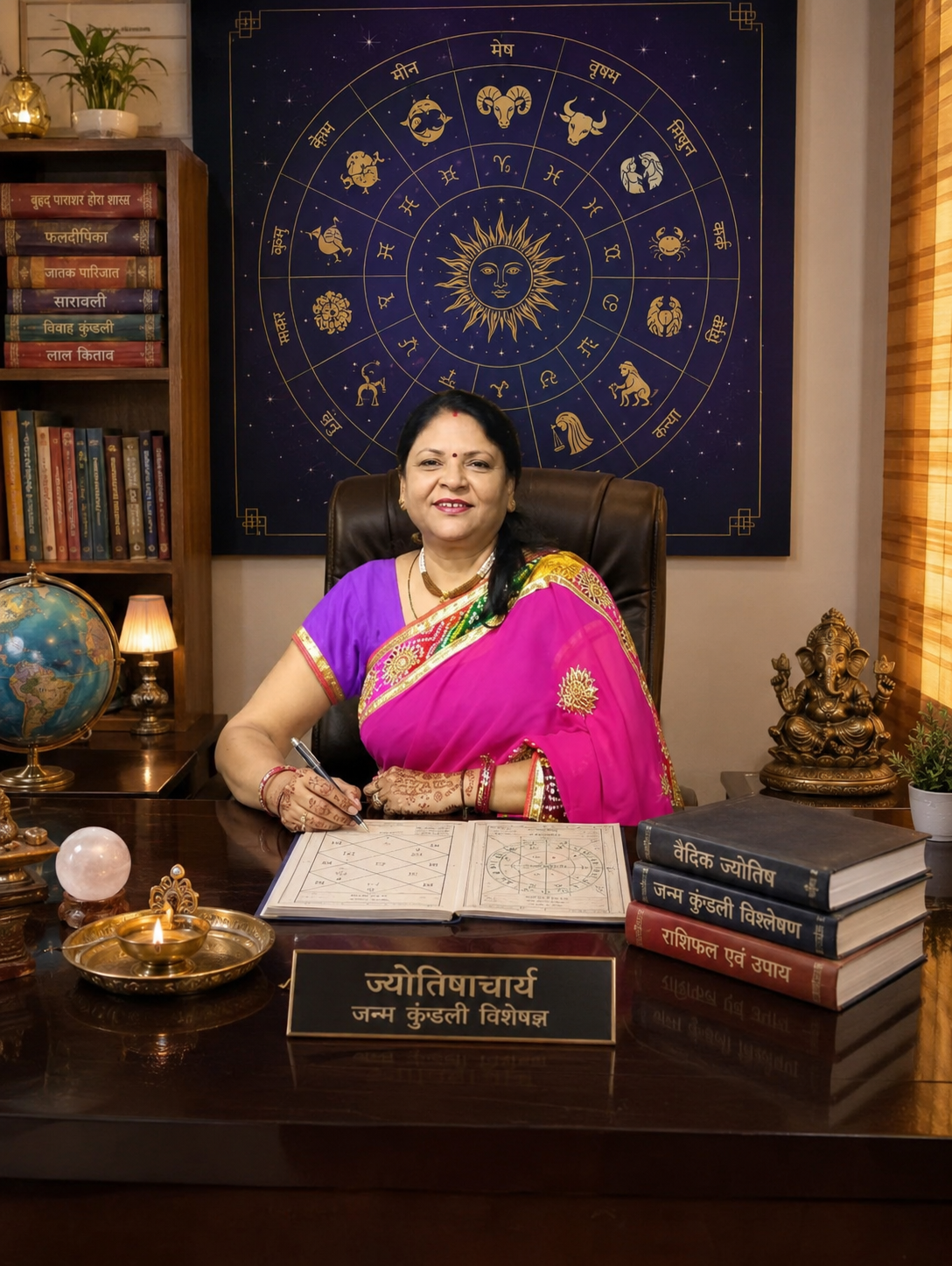 Professional astrologer in a vibrant pink saree sitting at a desk with zodiac symbols and astrology books.