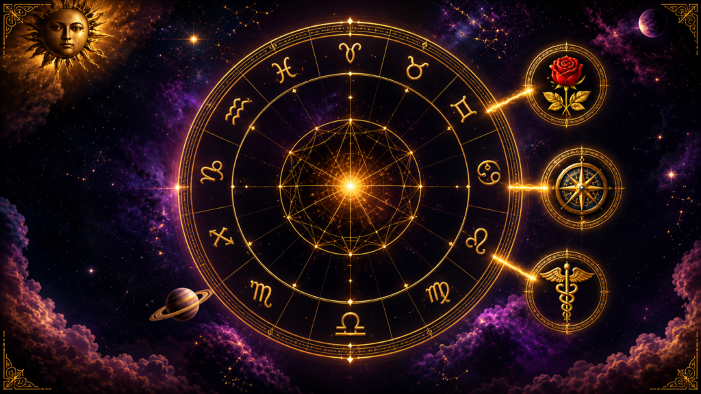 An intricate, celestial-themed infographic of a **Birth Chart Analysis** featuring a central golden zodiac wheel. The design includes sections for "Key Planetary Influences," birth details, and icons for love, career, and health, all set against a vibrant purple and orange nebula.