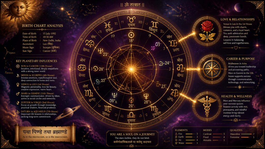 An intricate, celestial-themed infographic of a **Birth Chart Analysis** featuring a central golden zodiac wheel. The design includes sections for "Key Planetary Influences," birth details, and icons for love, career, and health, all set against a vibrant purple and orange nebula.