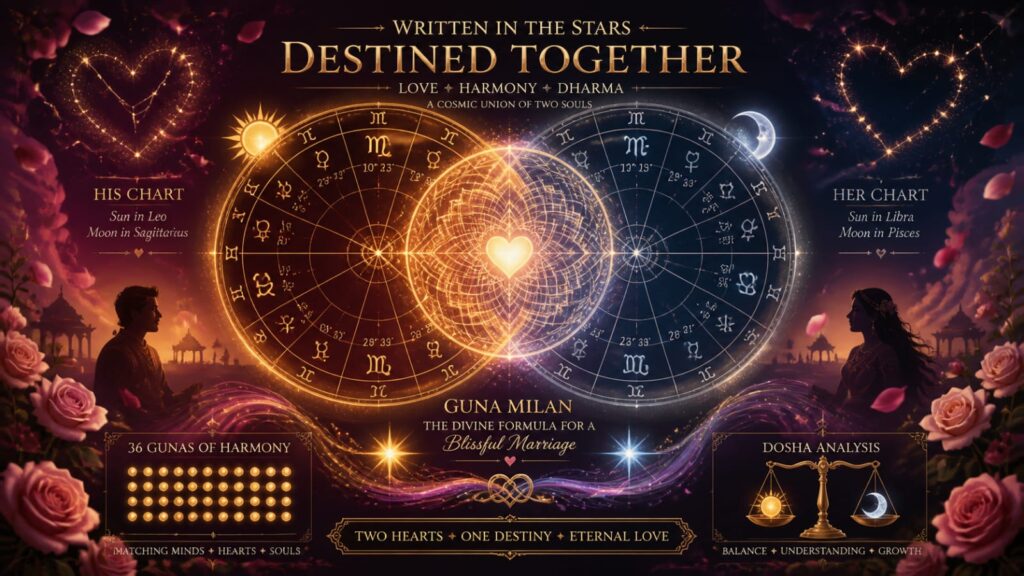 A celestial-themed infographic for **Guna Milan** marriage compatibility, featuring two overlapping golden and blue zodiac wheels forming a heart at the center. The design includes profiles for "His Chart" and "Her Chart," a section for "36 Gunas of Harmony," and a "Dosha Analysis" scale. Pink roses and starlit silhouettes of a couple frame the cosmic, nebula-filled background.