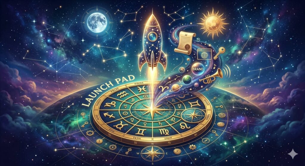 A cosmic illustration of a rocket launching from a large, glowing zodiac wheel labeled "LAUNCH PAD" into a starry galaxy, surrounded by astrological symbols and business icons like a scroll, a key, and a brand tag.