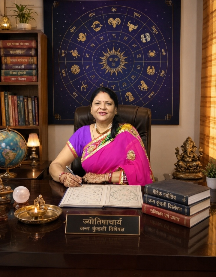 A smiling female astrologer wearing a pink and purple saree sits at a wooden desk with an open birth chart book, books on Vedic astrology, and a small Ganesha idol. Behind her hangs a large blue wall chart of a Hindu zodiac wheel featuring a sun at its center.